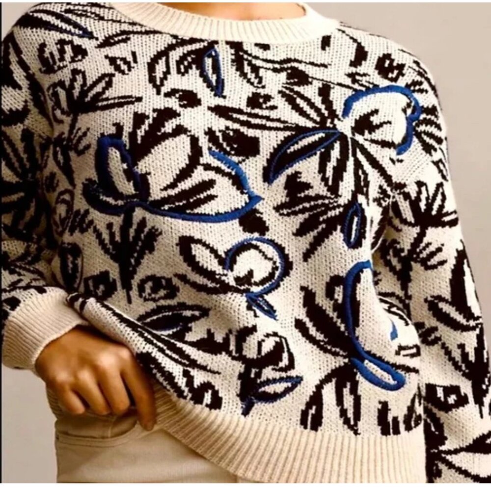 Cream and Blue Crew Neck Sweater with Elegant Design